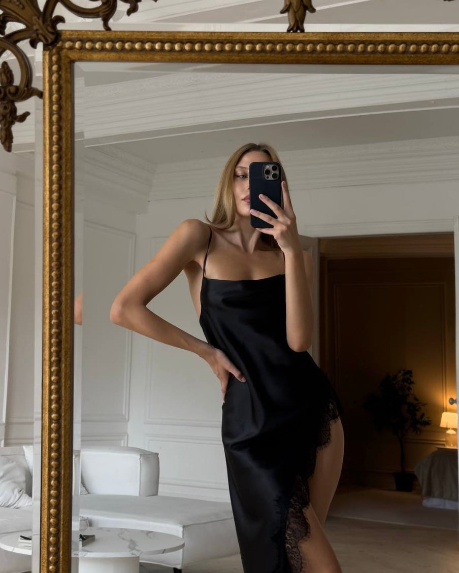 Serena Siyah Saten Gecelik